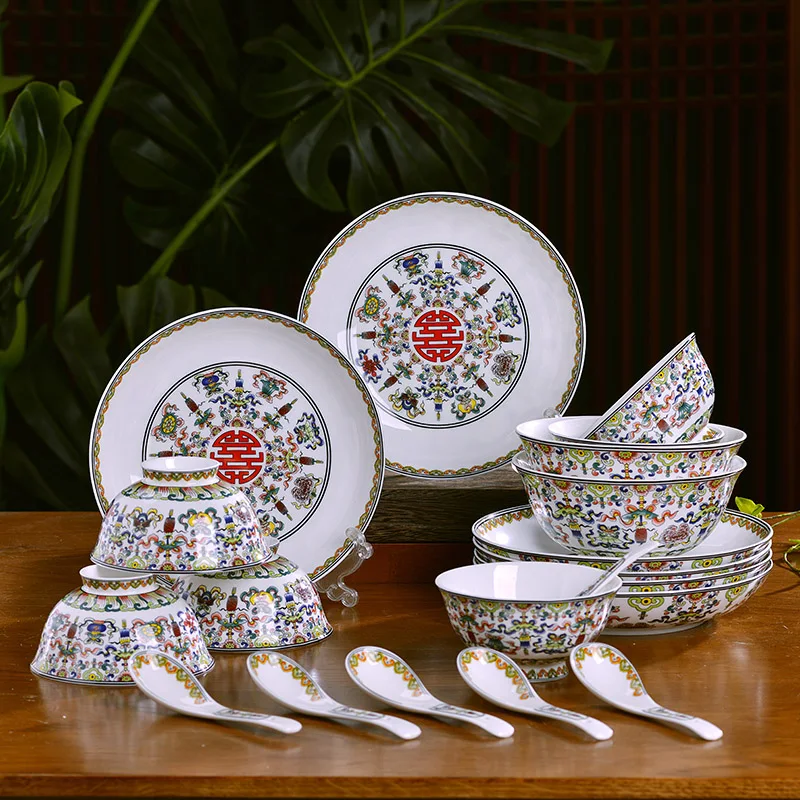 

Jingdezhen ceramic plate bowl spoon tableware set Chinese family Bone China rice bowl deep plate spoon antique bowl