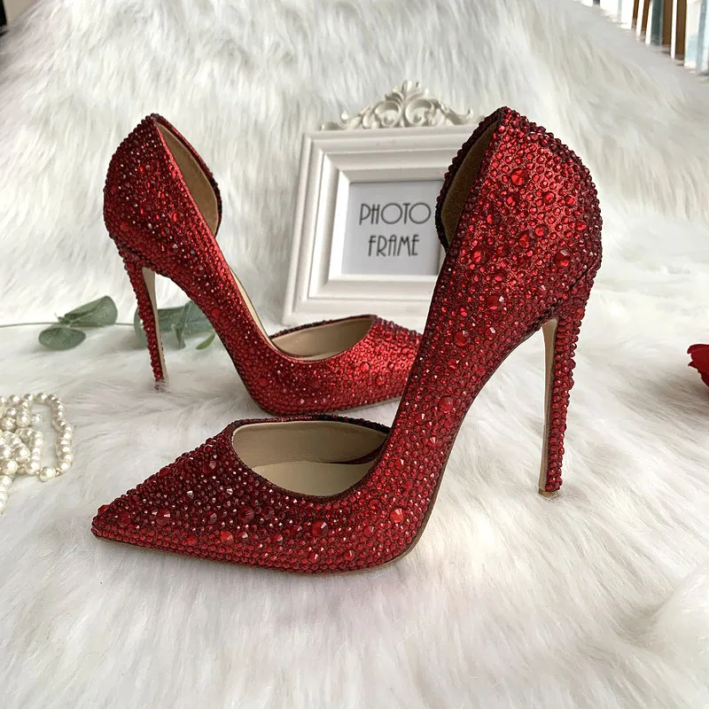 TOMONYE custom brand designer dark red crystal rhinetone pointed toe oepn inside women lady evening party high heel shoes pump