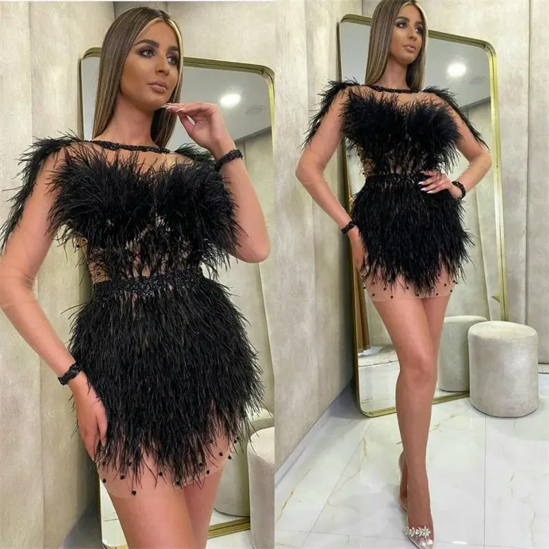 

Black Illusion Evening Dress sexy Sleeveless Feather Formal Party Dress Jewel Long Sleeves Sheer Short Prom Dress