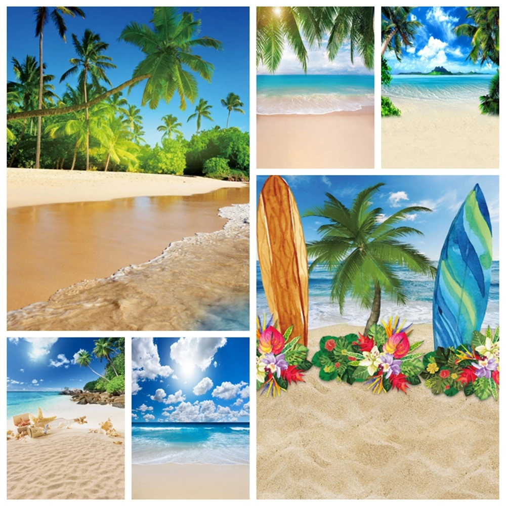 

Summer Tropical Sea Seaside Ocean Beach Backdrop Baby Surf Party Hawaii Wave Palm Trees Natural Scene Photography Background