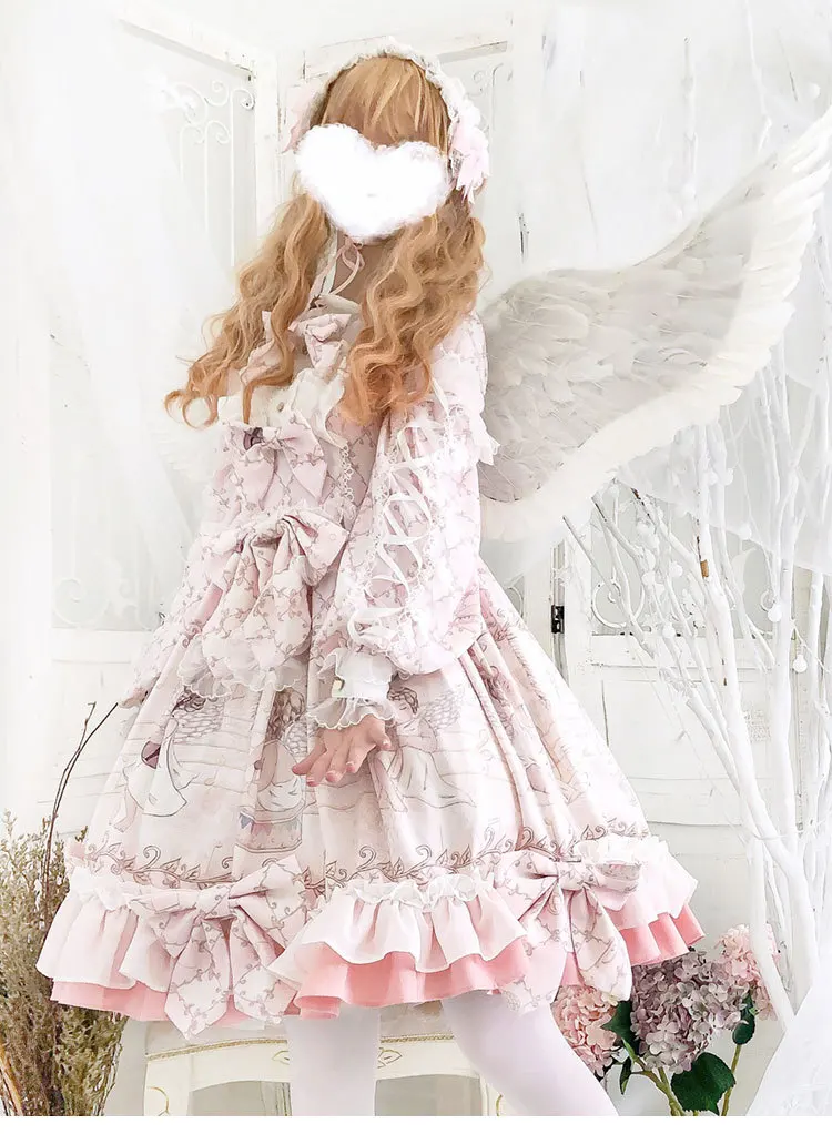 Princess sweet lolita dress retro lace bowknot o-neck lantern sleeve cute printing victorian dress kawaii girl gothic lolita op