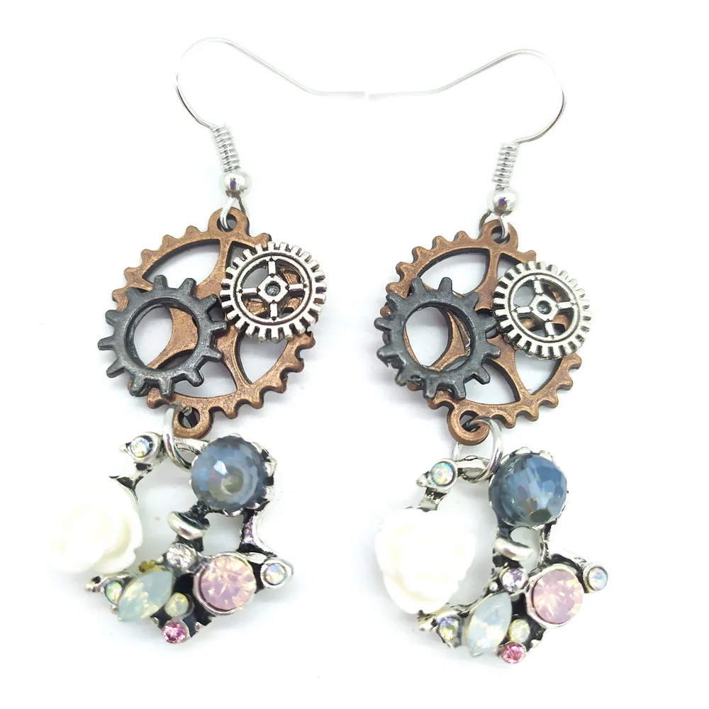 2020 New Original Design Mixture Gears with Floral Hoop Women`s Steampunk Earring