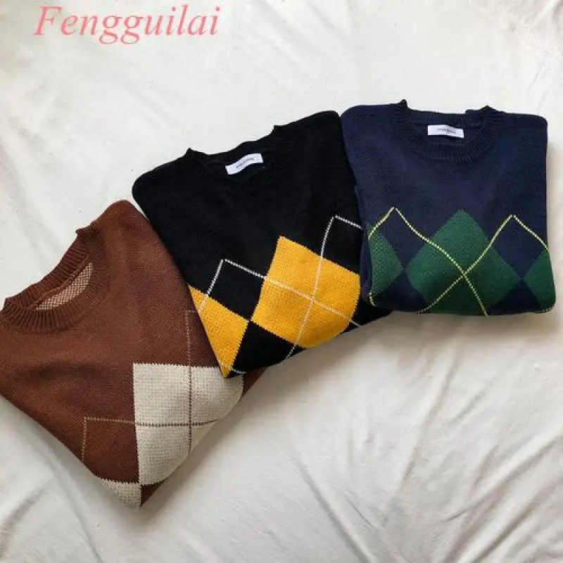 Geometric Pattern Fashion Basic Hit Casual Regular  Female Women Long Sleeve All Match College Wind Hit Hot Sale Sweaters