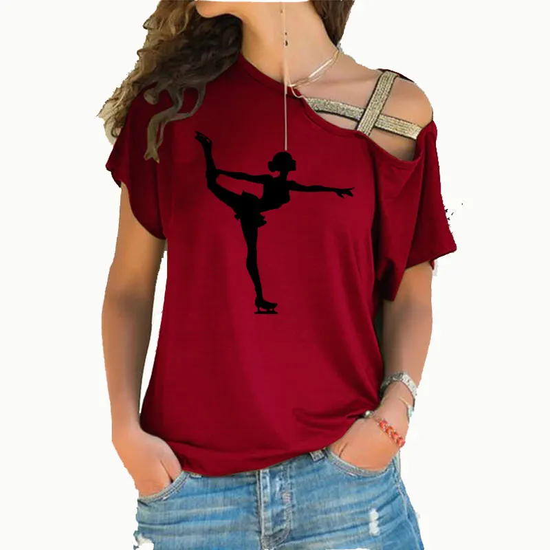 2020 Fashion Figure Skating Decor Funny  printed Cotton Irregular Skew Cross Bandage Tshirt