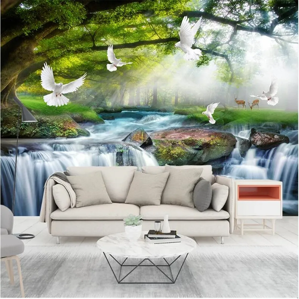 

Milofi custom large mural wallpaper simple casual green big tree forest waterfall landscape tooling photo background wall