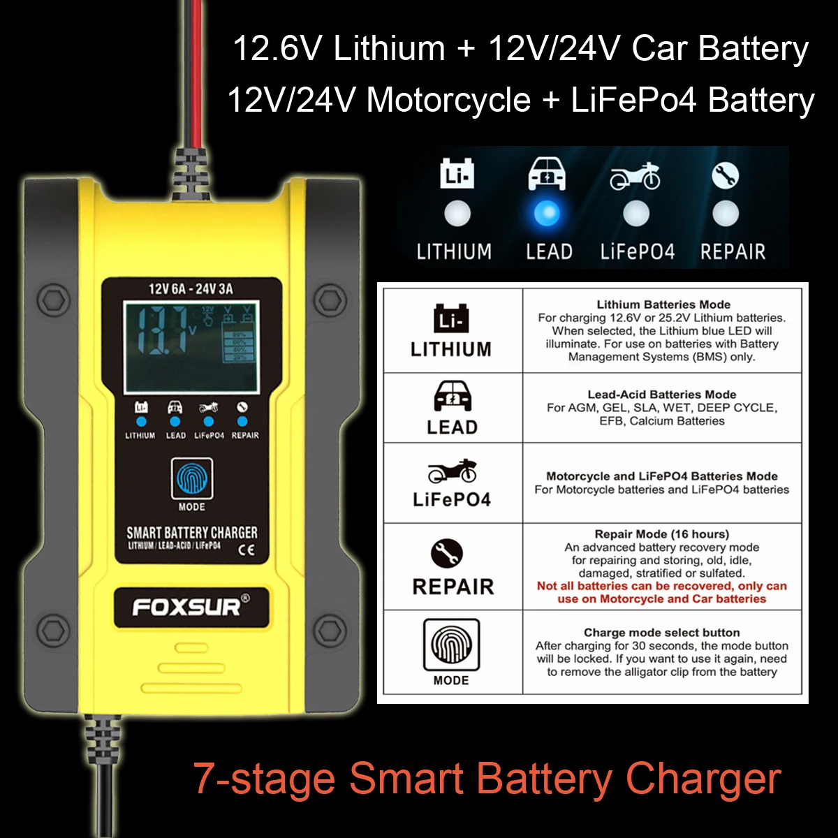 FOXSUR 12V 24V Car Battery Charger, 6A 12.6V Lithium Battery Charger & Maintainer, 7-Stage Car & Motorcycle Battery Charger