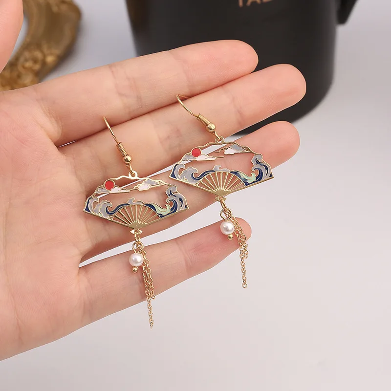 New Popular Chinese Drop Earring Temperament Restoring National Design Fan With Thin Chain Tassle Earrings Female Jewelry Gifts