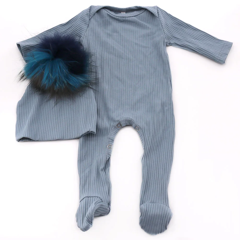 Casual baby Cotton Striped footies with Real Fur pompom hat sets 0-12 M Girls Boys Clothes Bodysuits Soft Long Sleeves Rompers