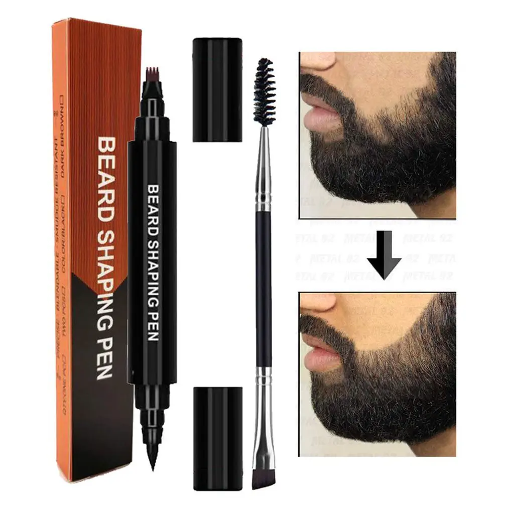 2 In 1 Four-Pronged Tip Waterproof And Sweat-Proof Beard Pencil Filler Men's Beard Pen Beard Filling Pen With Brush Kit