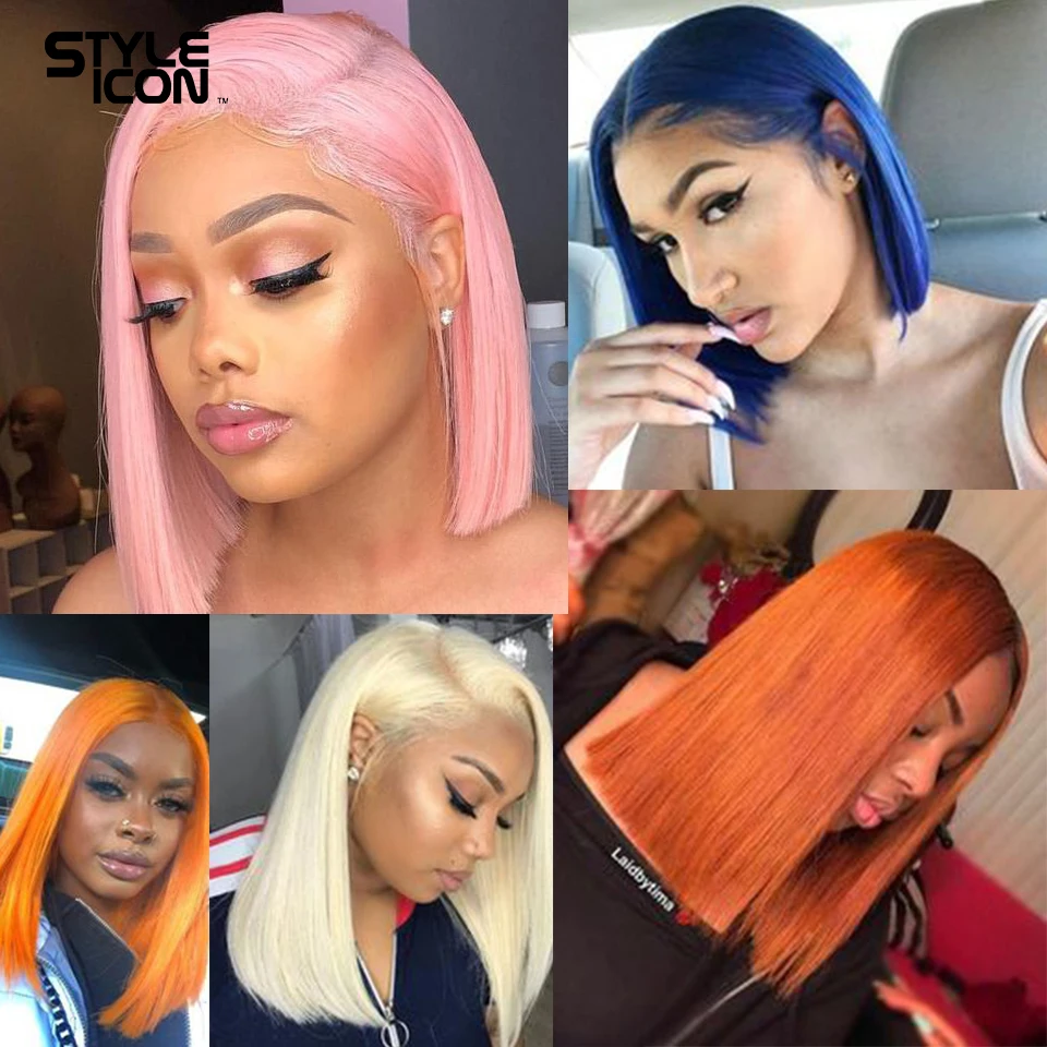 Wig Rambut Manusia Lurus Brasil Wig Bob Warna Oranye Wig Rambut Manusia Transparan 4*4 Wig untuk Wanita Kulit Hitam Telah Ditanami