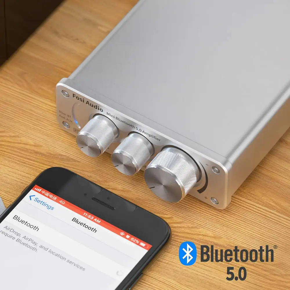 Fosi Audio BT10A Bluetooth 5.0 Stereo Amplifier Receiver Class D Mini HiFi Integrated Amp for Home Speakers 50W*2 Treble & Bass