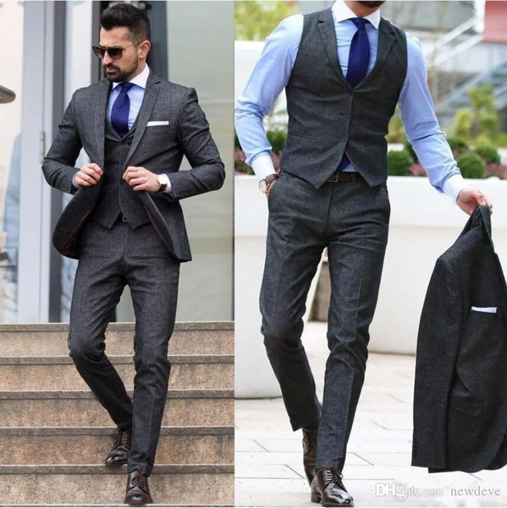 Bruiloft Smoking Vintage Maat Fit Formele Beste Man Suits Bruidegom Wear Mannen Tweed Donkergrijs 3 Stuk Suits (jas + Broek + Vest)