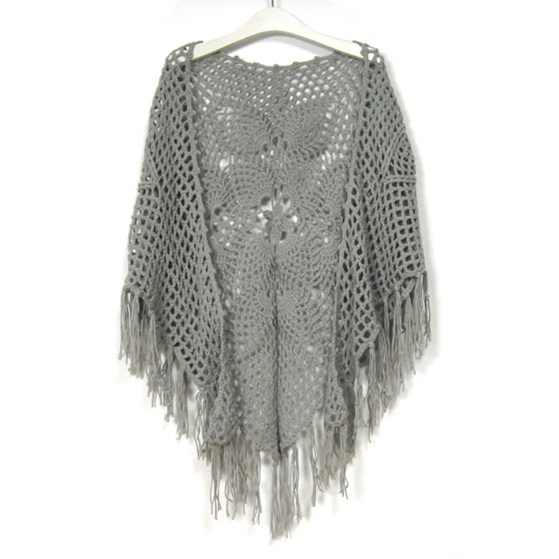 New Women Fashion Handmade Crochet Vintage Elegant Wraps All-Match Hollow Out Tassel Cotton Big Shawl Scarf Cape Outwear