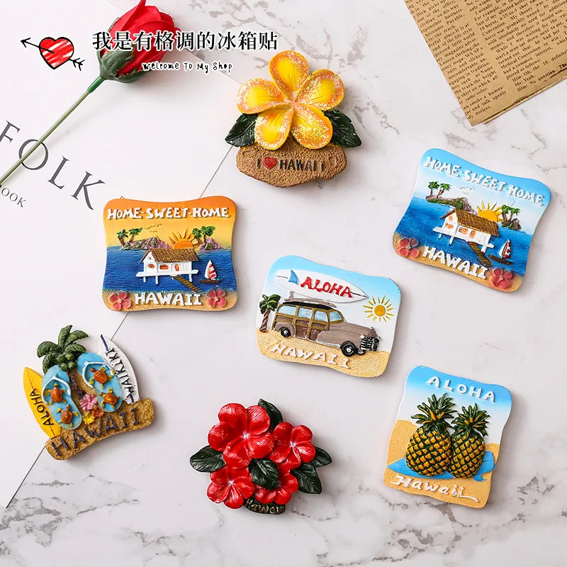 Hawaiian Special Refrigerator Sticker Resin Tourist Souvenir Magnet Sticker Flower Pineapple Beach Coconut Tree Thatched Cottage