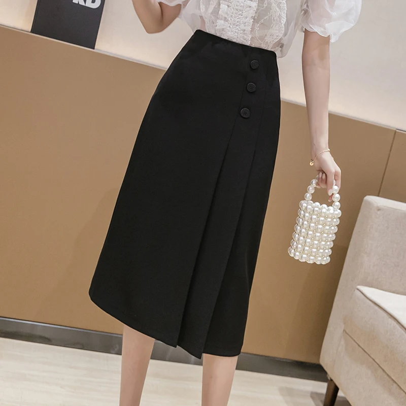 REALEFT Spring Summer 2020 New Work Wear Women's Pleated Midi Skirts Korean OL Style High Waist Button A-Line Wrap Skirts Female