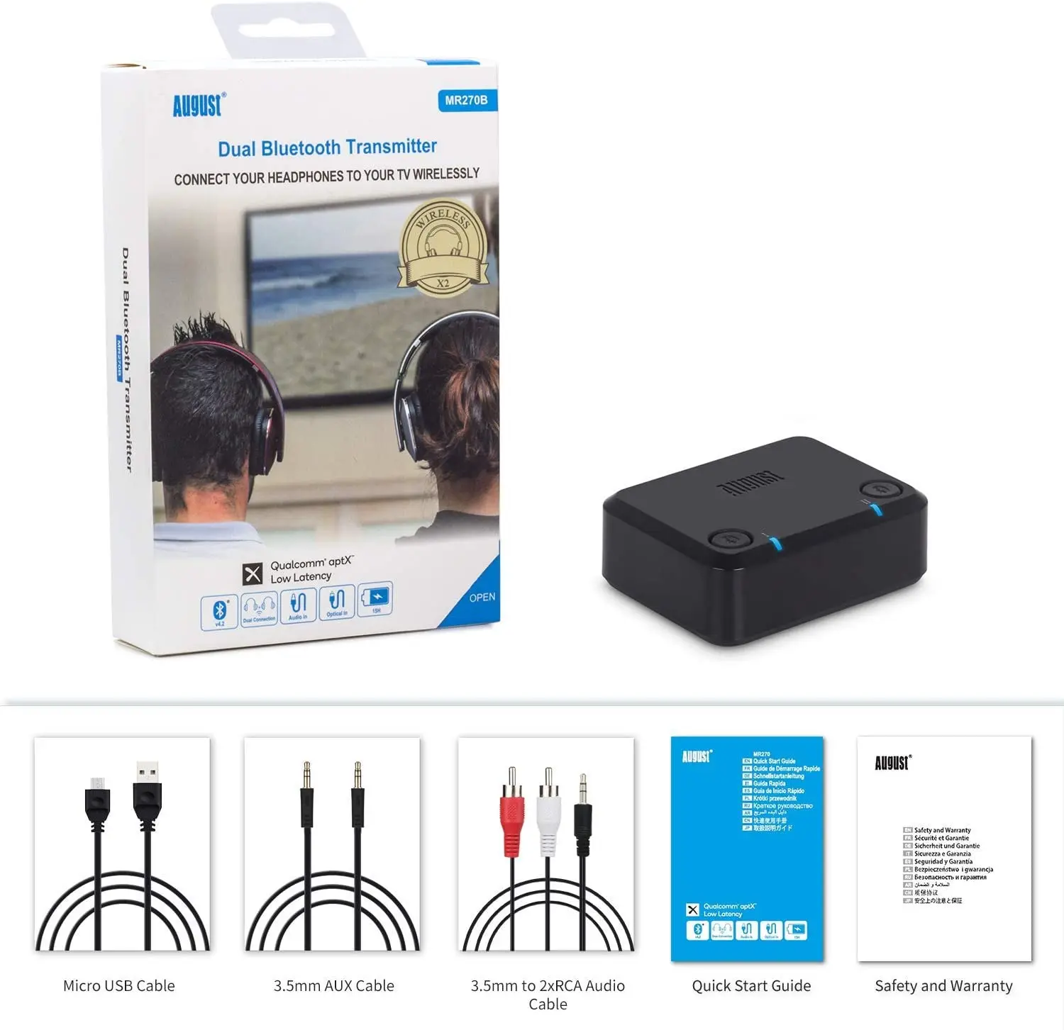 أغسطس ترقية MR270 aptX HD الكمون المنخفض جهاز إرسال بلوتوث بلوتوث v5.0 زوجان من سماعات الرأس اللاسلكية إلى تلفزيون الكمبيوتر