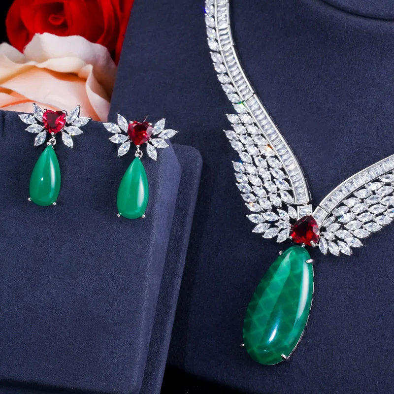 Pera Vintage Dark Green Red CZ Crystal Wedding Bridal Large Long Drop Necklace and Earring Sets for Elegant Women Jewelry J309