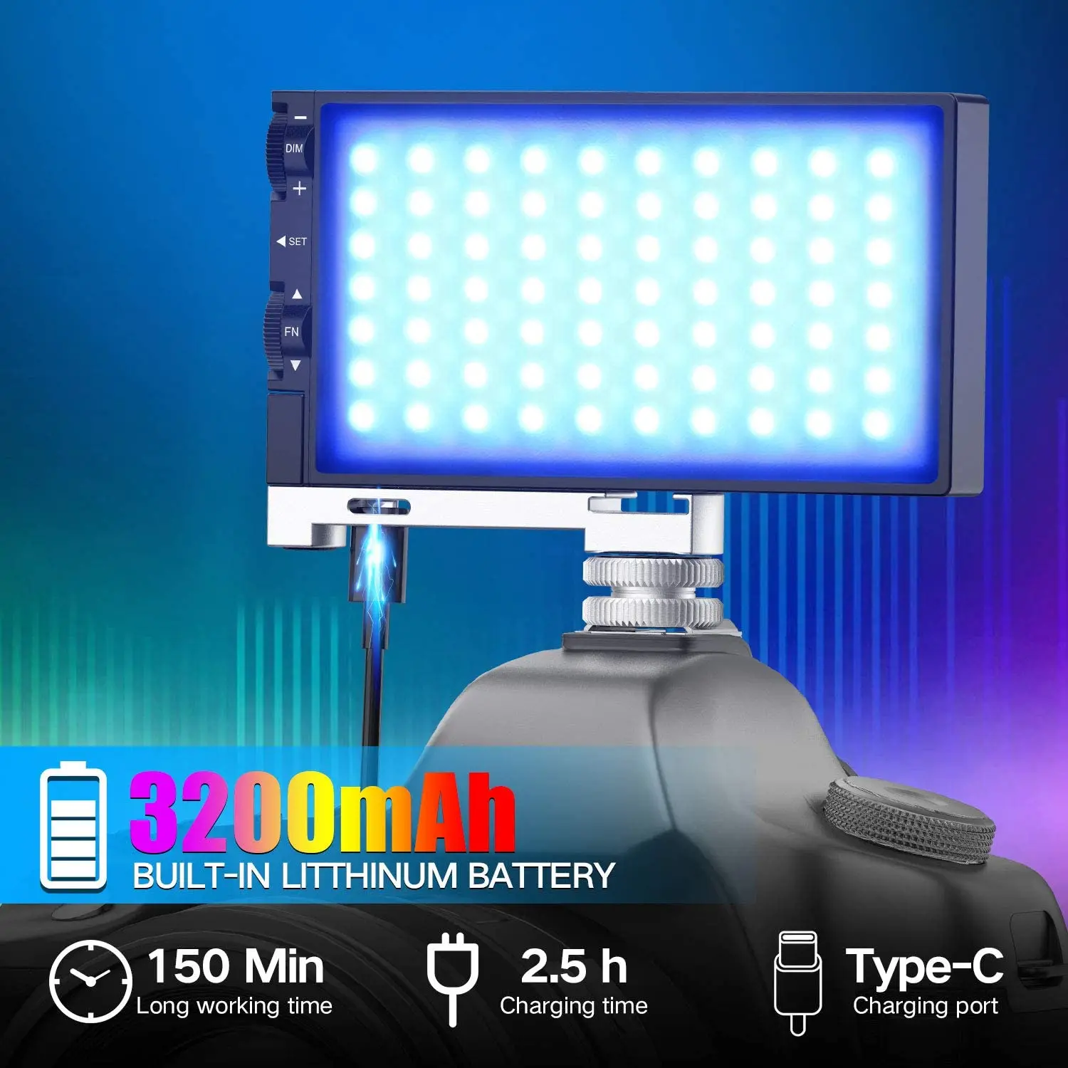 مصباح فيديو G1s RGB مطور، مصباح كاميرا Led مدمج قابل لإعادة الشحن، 360 درجة °   ألوان كاملة قابلة للتعتيم 2500K-8500K لـ YouTube D