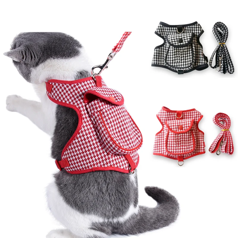 Plaid Pomeranian Harness Backpack School Bags For Small Dog Maltese Pet Poop Pocket Leash Set Spitz Chest Strap Collar Accessory