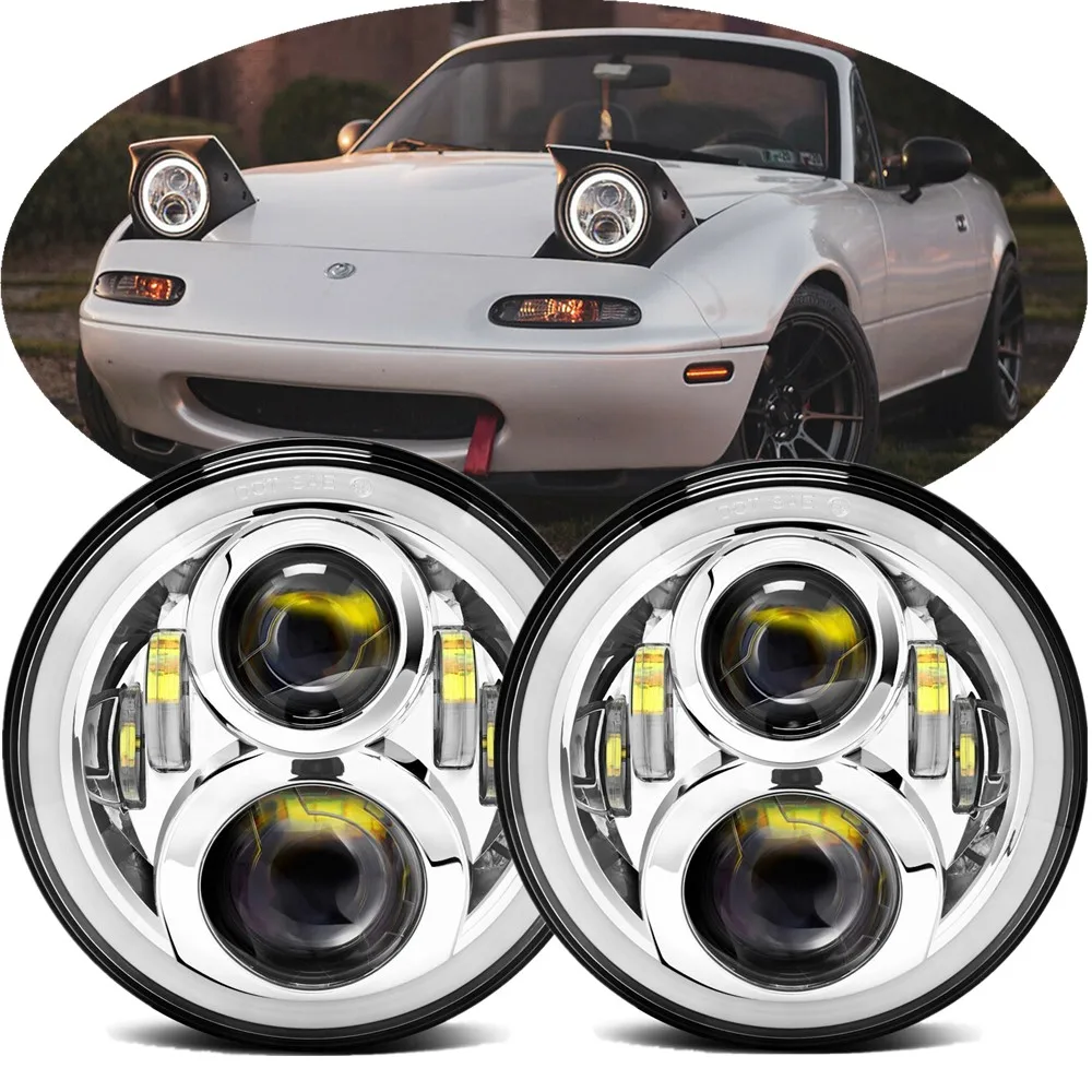 Car Accessories 7Inch Round Led Headlights For Mazda MX-5 MX5 Hummer H1 H2 Land Rover Denfender 90/110 Jeep Halo DRL Angel Eyes