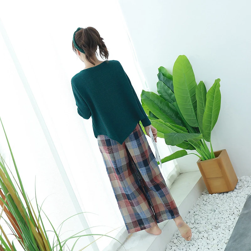 Pajamas lattice pants spring autumn models Korean knitted tops wide-leg pants home service two-piece simple fashion nightgown