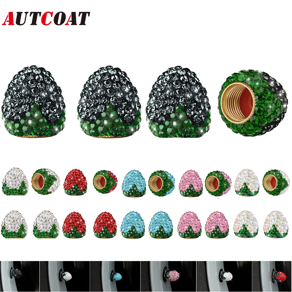 AUTCOAT Strawberry Car Tire Valve Stem Caps, Handmade Crystal Rhinestone Dustproof Air Caps Cover Universal for Most Vehicles