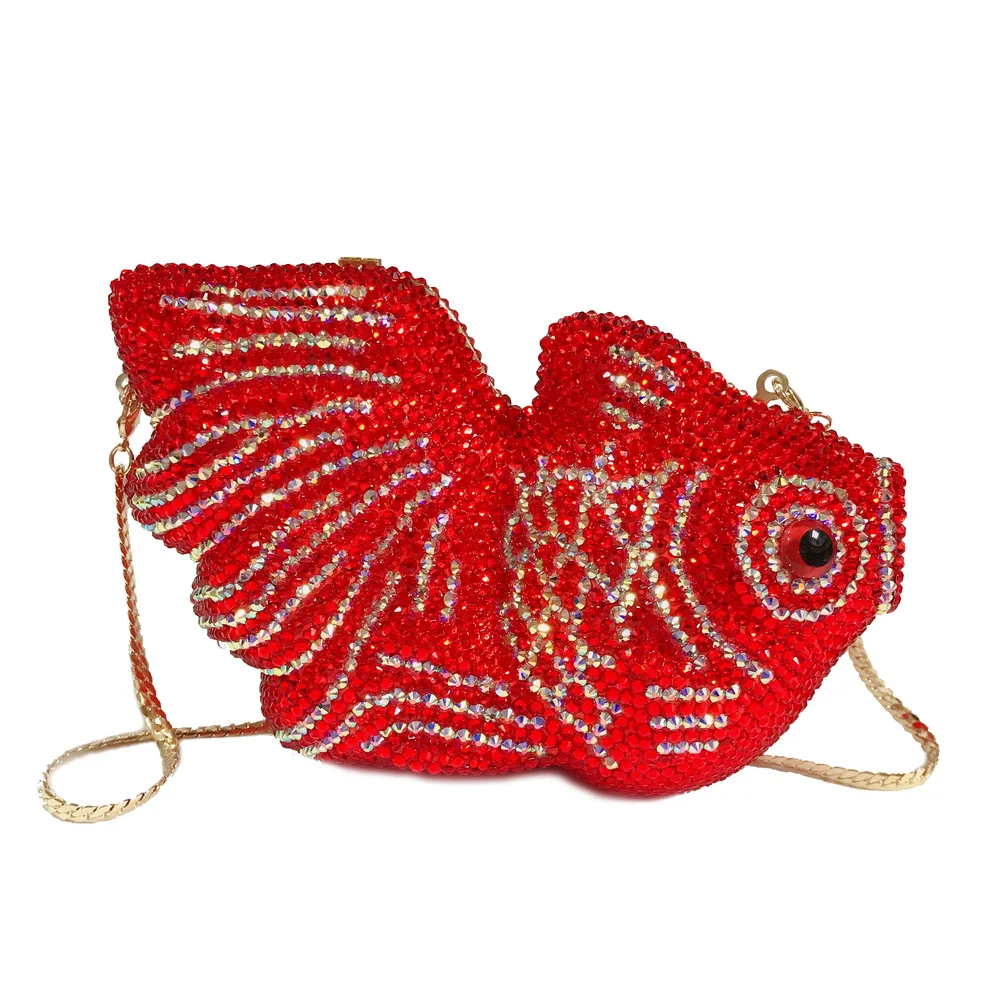 

12x11.5CM Red Goldfish Rhinestone Bag Cartoon Animal Diamond Dinner Bag Handmade Crystal Bag Women Clutch Bag a6874