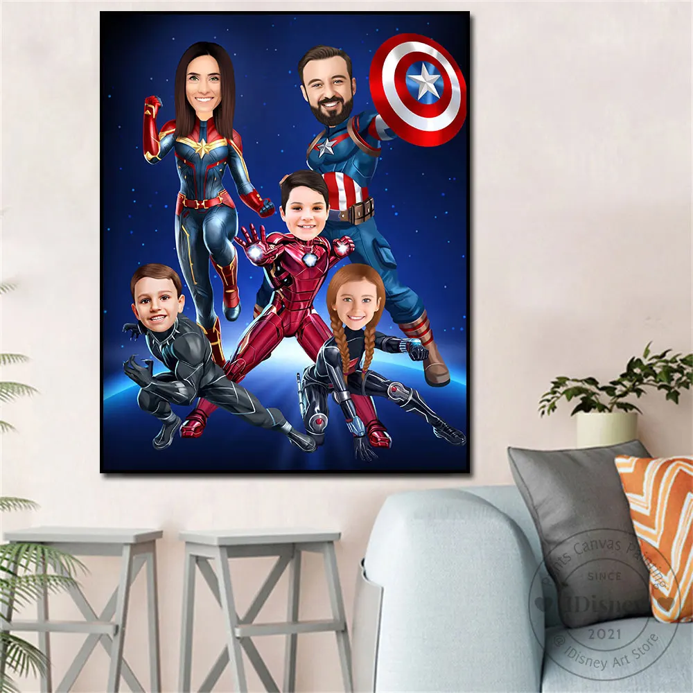 Marvel Custom Portrait Family 5 Characters Personalized Superhero Father Mother and Kids Cartoon The Avengers Portrait Best Gift