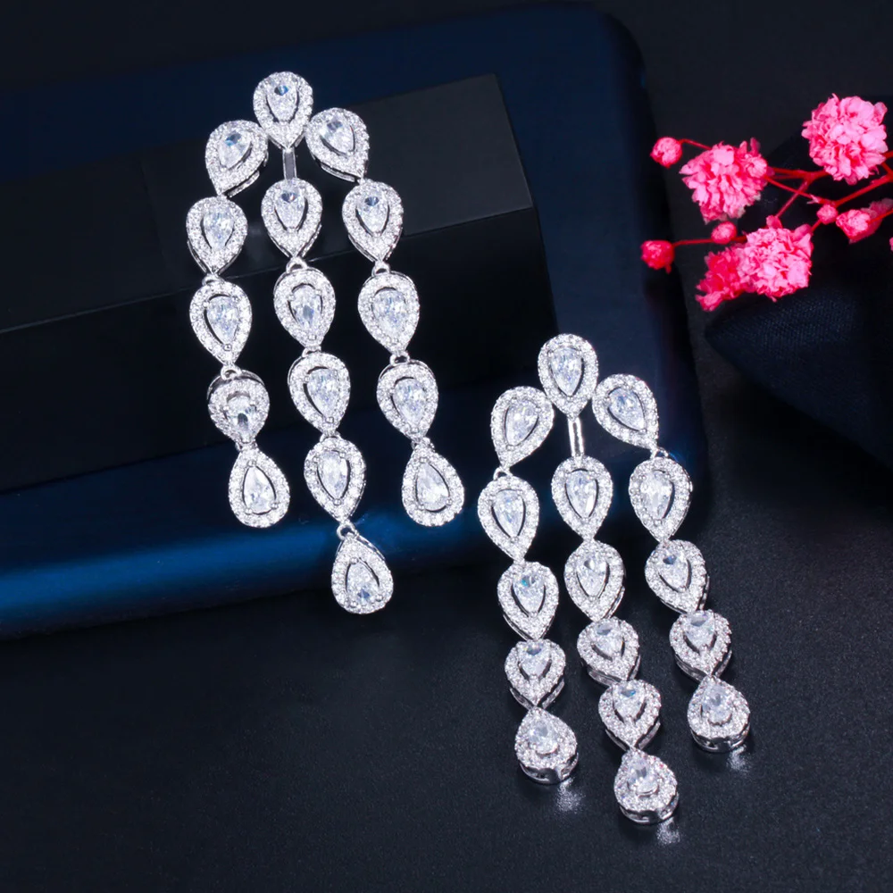 Pera Shiny White Long Pendant Tassel Waterdrop Cubic Zirconia Women Wedding Bridal Engagement Party Dangle Earrings E724