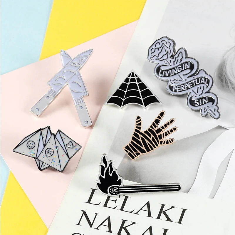 Punk Rose Enamel Pin Origami Game Cobweb Matches Knife Hand Brooch Lapel Pin Denim Jackets Bag Cartoon Button Badge Kids Jewelry