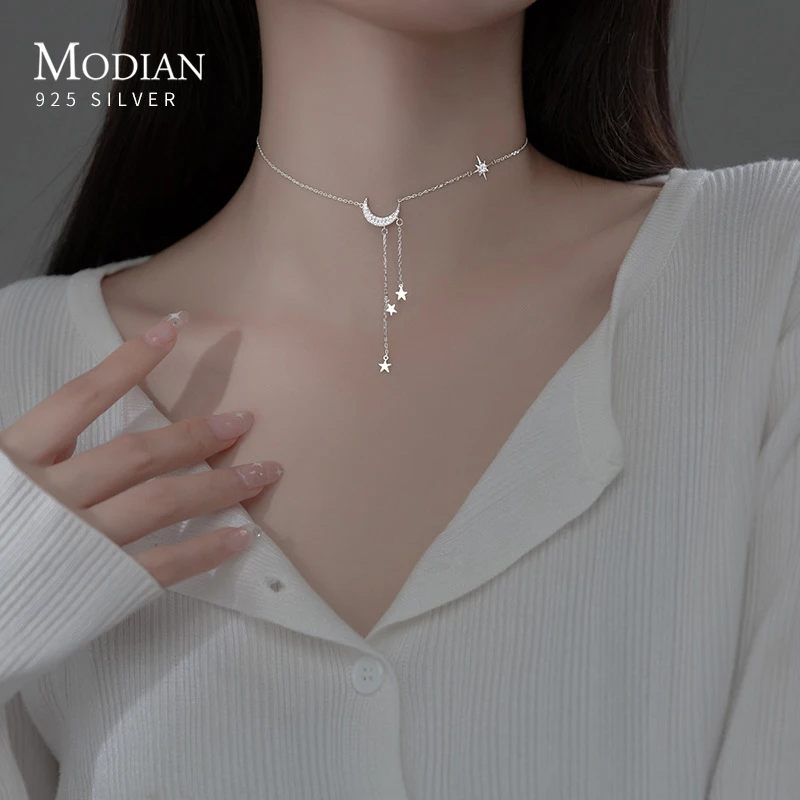 MODIAN Solid 925 Sterling Silver Moon Stars Short Choker Necklace Fashion Party Charm Link Chain For Women Fine Jewelry Gifts