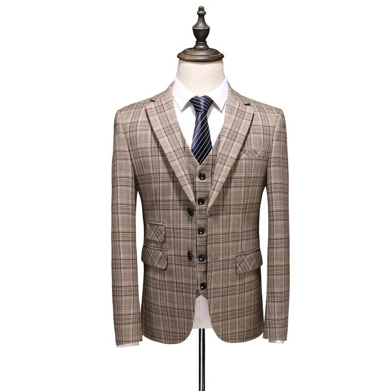 3pcs Men's Suit Set  Blazer Vest Pant Khaki Official Plaid Slim Fit Banquet  Male Business Dress Jacket Trousers