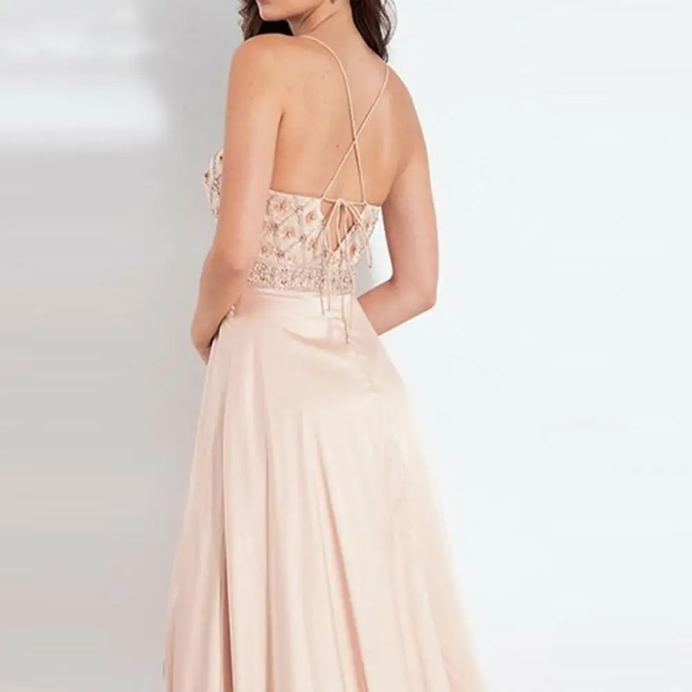 Novo blush a linha longo vestido de noite com decote em v elegante sem mangas até o chão embutido sutiã evenig vestido robe de soiree frete grátis