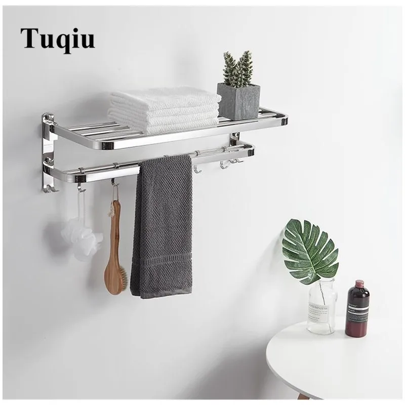 

Nail or Nail free Towel Racks Bathroom foldable Towel Shelves Towel Bar Bathroom accessories Hardware double level with hooks