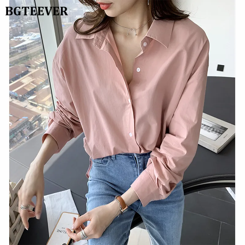 BGTEEVER Casual Single-breasted Loose Solid  Women Blouses Tops 2021 Autumn Winter Lapel Full Sleeve Ladies Shirts Elegant Blusa