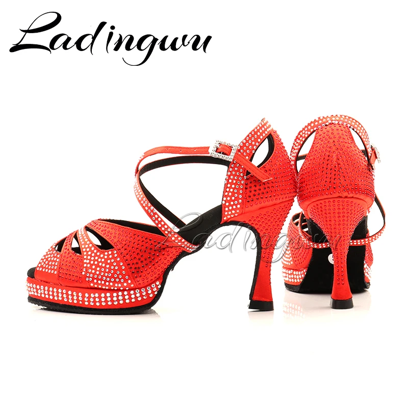 Dance Shoes Latin Women\'s shoes High Platform Glitter Rhinestone And Women Satin Ballroom Dance Sandals Red Satin 6-10cm Heel