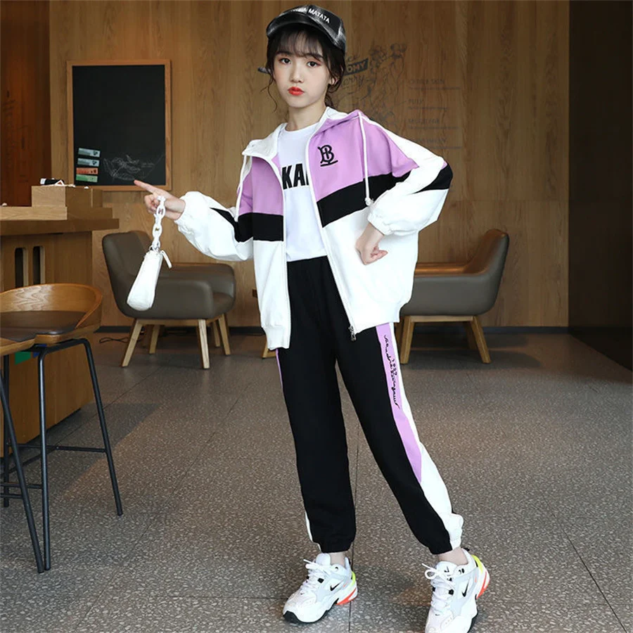 Girls Clothes Sets Hooded Long Sleeve Jacket+Pants Sports Suit striped Set Teen Girl Tracksuits 4 6 8 10 12 Years