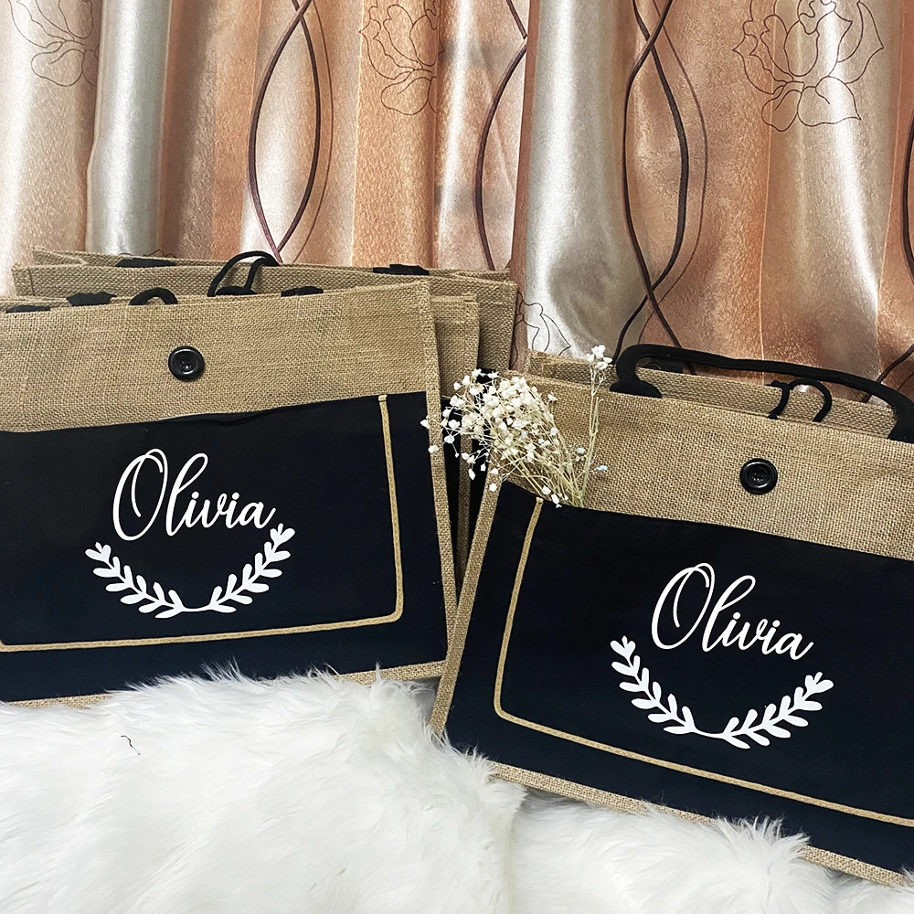 Bolso de mano de algodón de yute personalizado para mujer, bolsa grande de arpillera para compras, regalo de boda para invitados, regalos de dama de