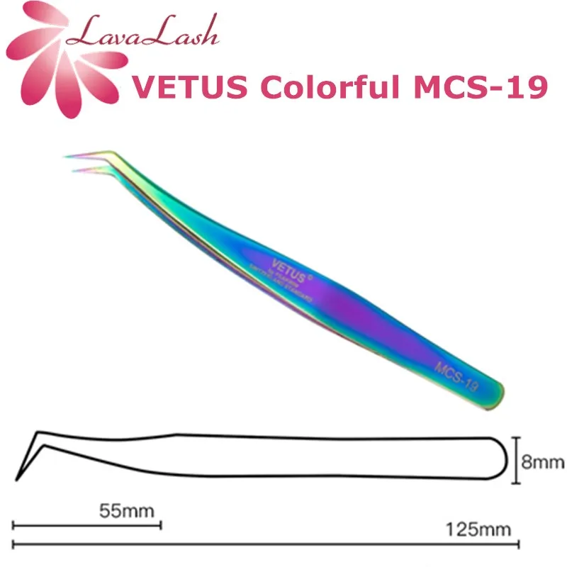 VETUS-Pinzas de extensión de pestañas MCS-19, profesionales, de acero inoxidable, no magnéticas, coloridas, 3D