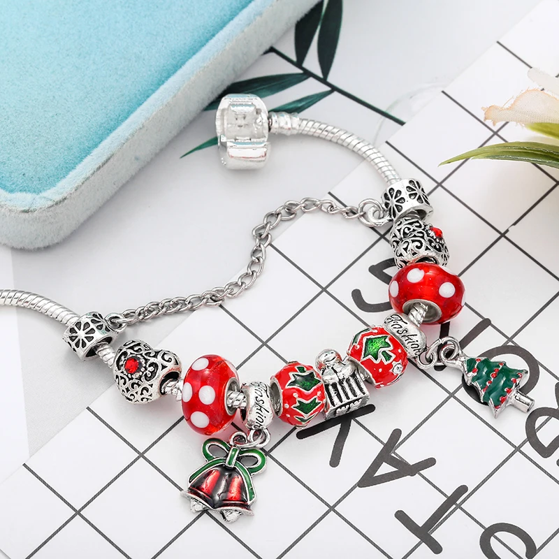 19 Styles Christmas Tree & Bell Pendant Charm Bracelet Silver Color Bracelet For Women Kids DIY Handmade Xmas Jewelry Gift