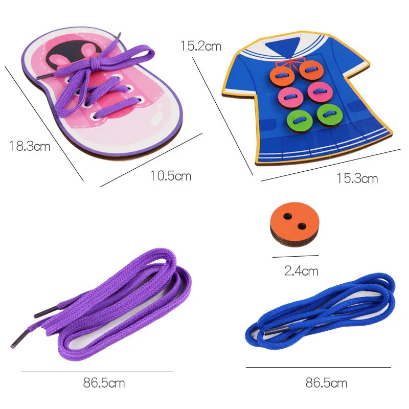 Rompecabezas de cordones para niños, Juguetes Educativos de aprendizaje temprano, con botones de roscado, zapatos de madera bonitos, ropa