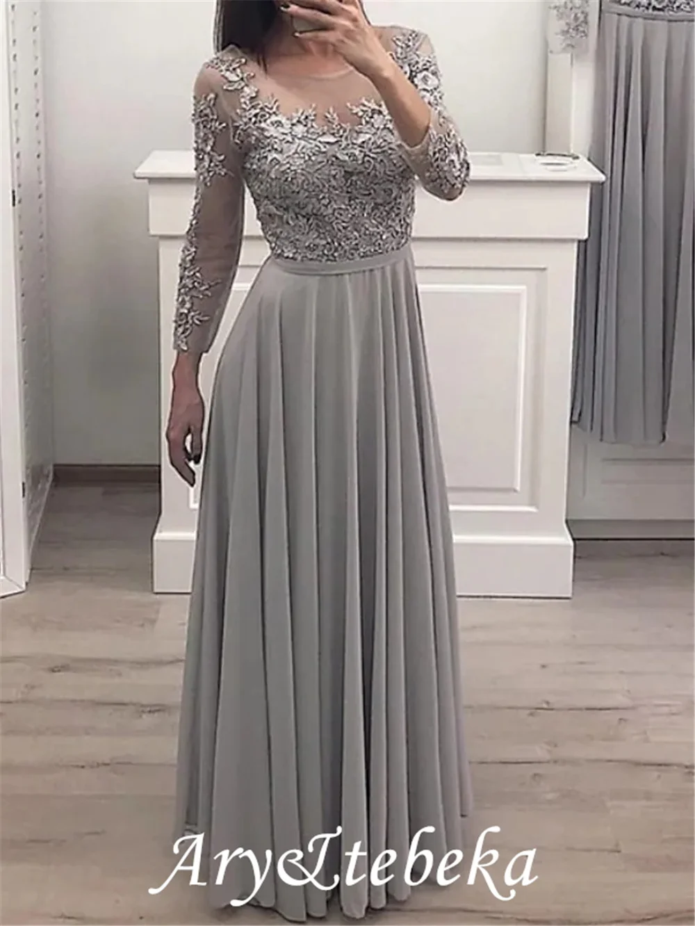 Linha a vestido de noite formal de noivado floral elegante ilusão pescoço longo manga até o chão chiffon renda com pregas apliques