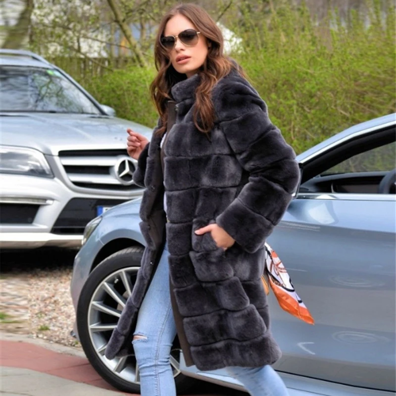 

Женская зимняя модная длинная шуба из кроличьего меха рекс, темно-серая куртка из натурального кроличьего меха с воротником-стойкой, женские пальто