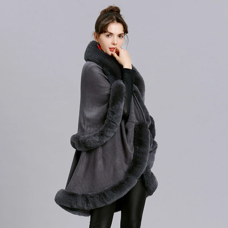 Double Layer Luxury Faux Rabbit Fur Coat Cape Winter Women V Lapel Knit Acrylic Cloak Overcoat Long Thick Cardigan