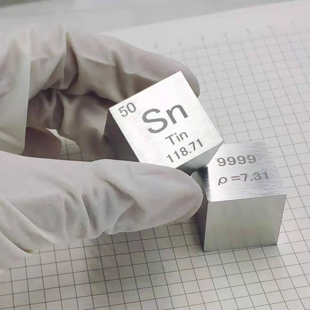 

Tin metal in the periodic table- Cube Side length is one inch (25.4mm) and weight is about 121.2g 99.99%