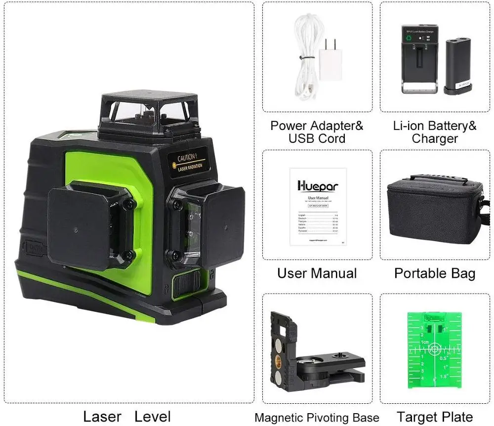 Huepar 12 Lines 3D Cross Line Laser Level Self-Leveling 360 Degree Vertical & Horizontal Cross Green Beam Line USB Charging