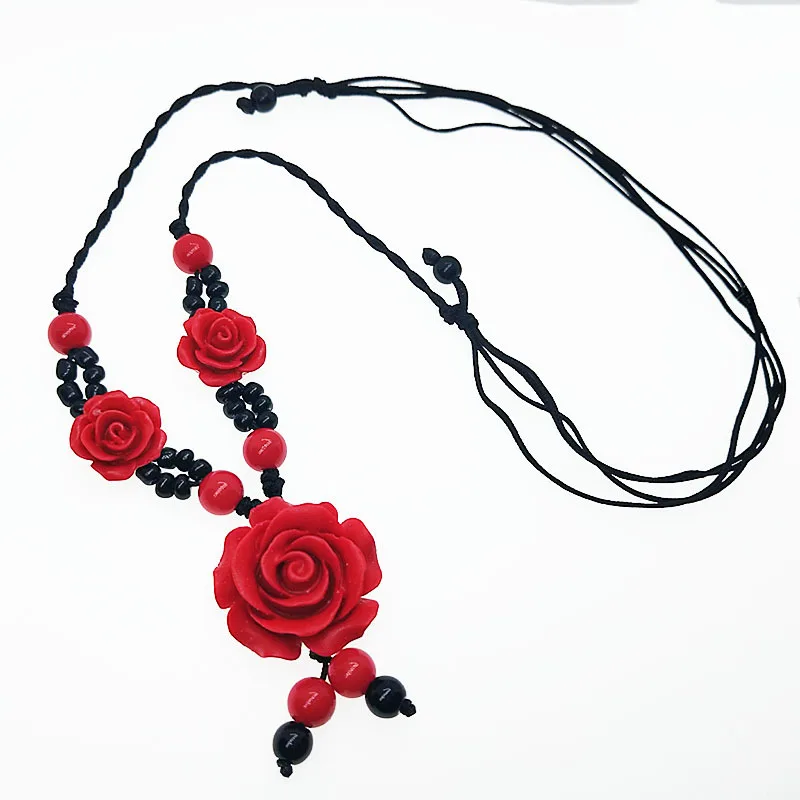 Creativity  Necklace red carved lacquer rose design short brief vintage national trend knitted watch Jewelry For Women