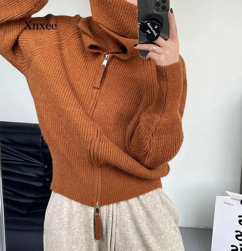 Knitted Zipper Cardigans Autumn Women Short Double Coat Turn-Down Collar Solid Color Loose Sweater Cardigan Vintage Knitted Coat