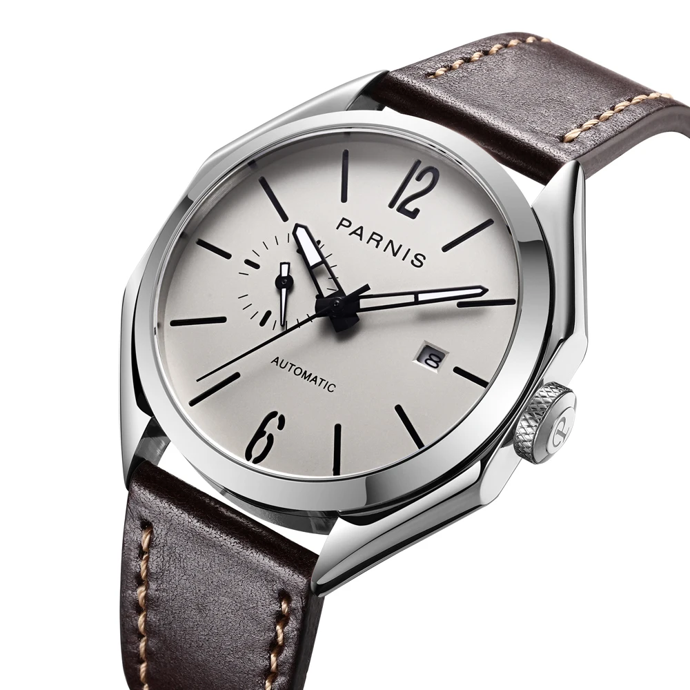 Casual Parnis 43mm Gray Dial Luminous Miyota Automatic Mechanical Men Watches Brown Leather Band Calendar Watch Top Luxury Brand