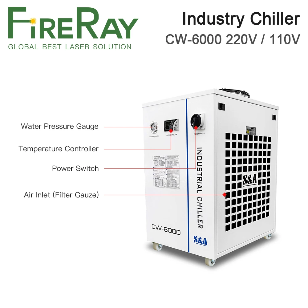Промышленный воздушный охладитель воды FireRay S & A CW-6000 220 В 110 В 50/60 Гц, используется для 300 Вт 600 Вт Co2 стеклянных лазерных трубок, водяных охладит...
